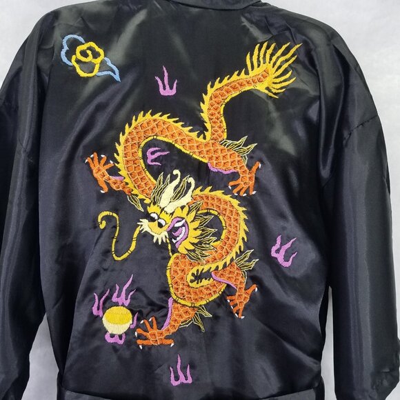 Lucky Kimono Bath Robe M Hand Embroidered Chinese Dragon Black Satin Tie Pockets - Picture 2 of 16